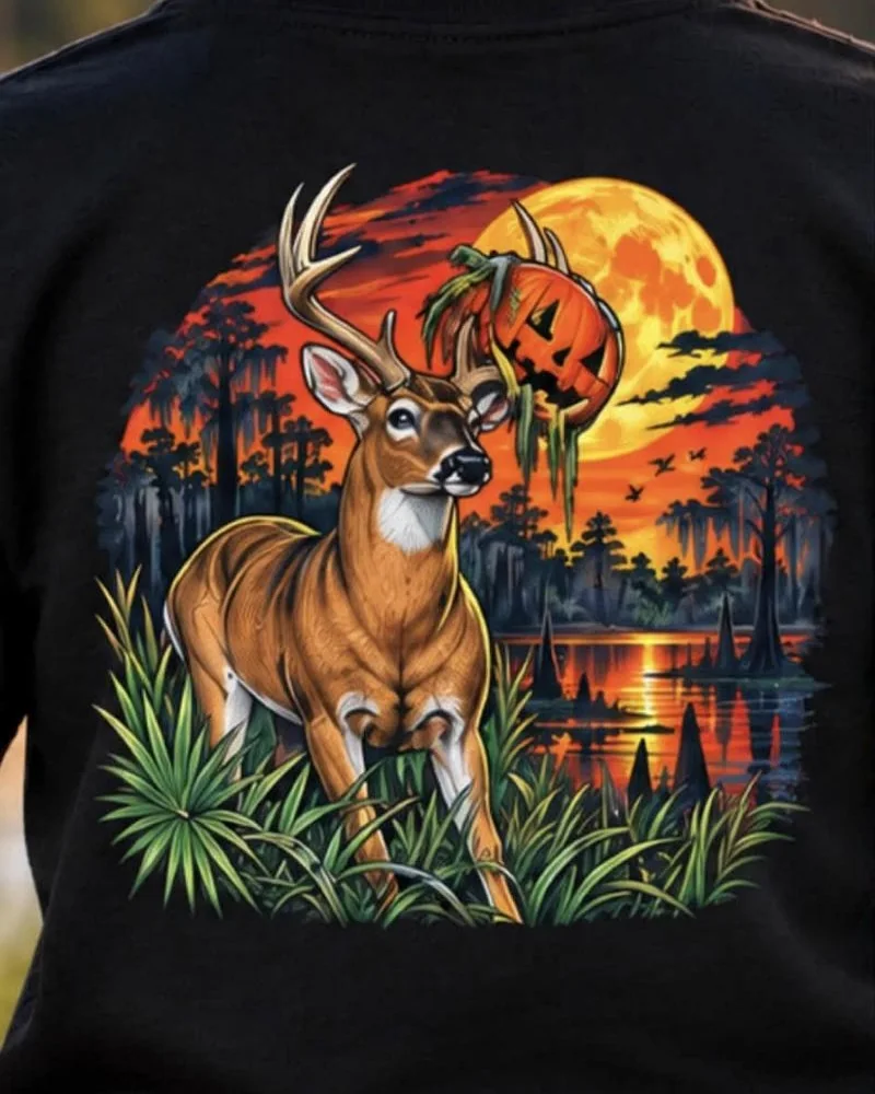 Antler Creek original Halloween design: a buck in a cypress swamp under an orange moon, printed on the back of a black tee
